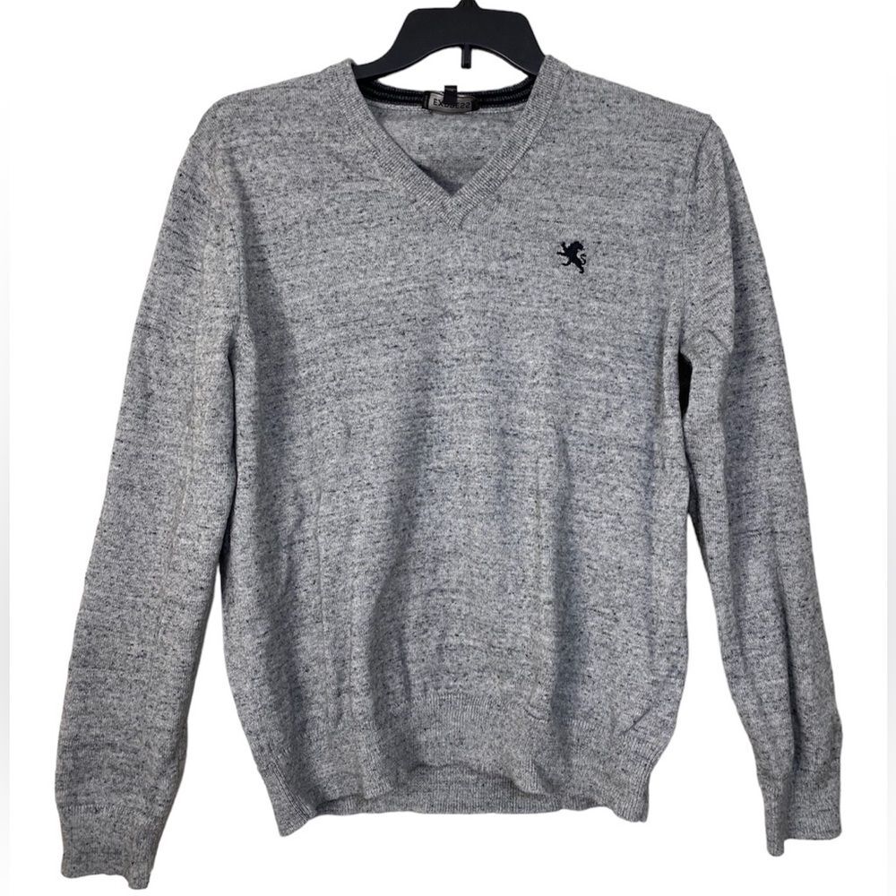Express V-Neck Sweater Pullover Embroidered Logo Gray Cotton men’s  Size L